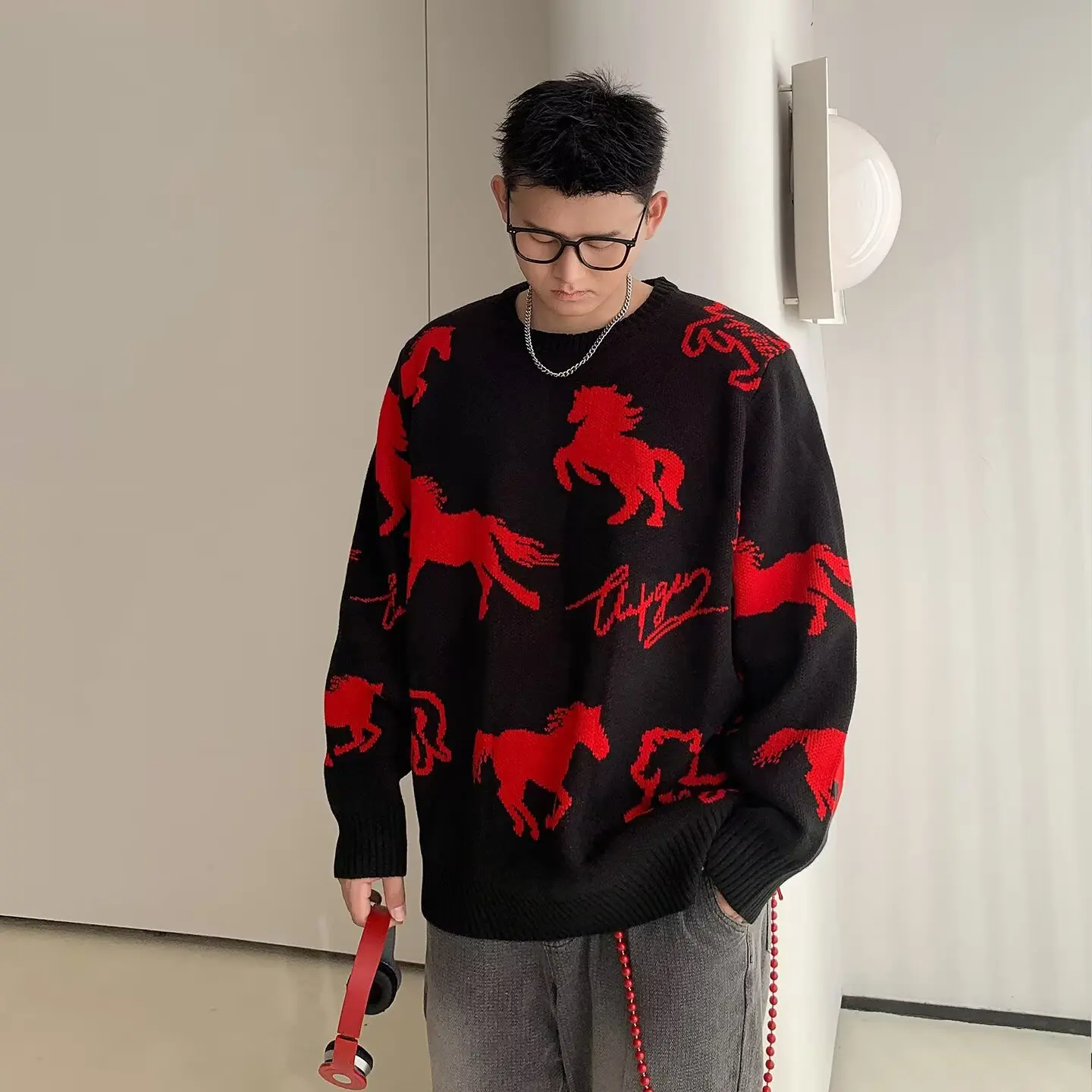 

Loose Fit Casual Knitwear round Ne Pullover Sweater Faionable Embroidery Large Size Men's Autumn Winter Comfortable Top