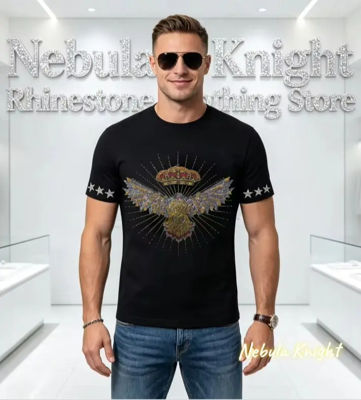 European Style Men Bling Rhinestone T-shirt O-Neck Pure Cotton Short Sleeve Tops Summer Street Casual Tees