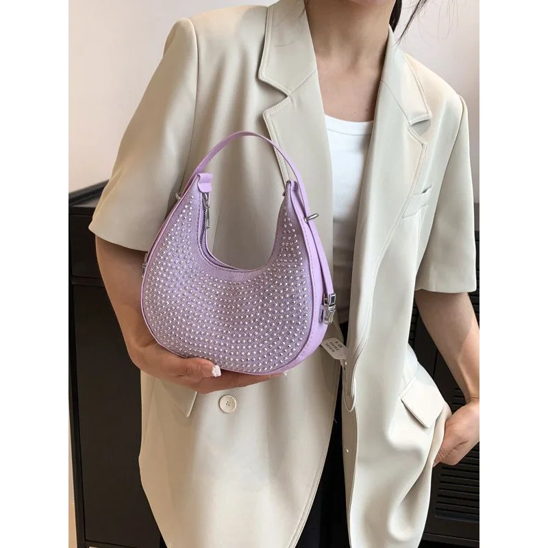 Fashion Female Diamonds Evening Underarm Bag Chain Rhinestones Solid Color Shoulder Bag Lady Semicircular Party Wedding Handbags