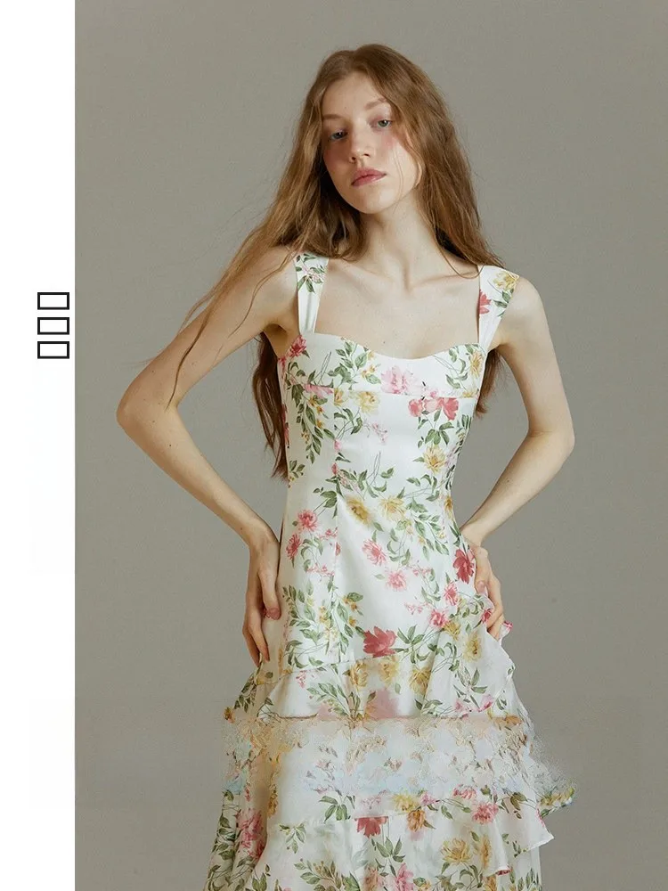 

Французское летнее платье с цветочным принтом и высокой талией для женщин, пляжное платье для отпуска, элегантное платье без бретелек