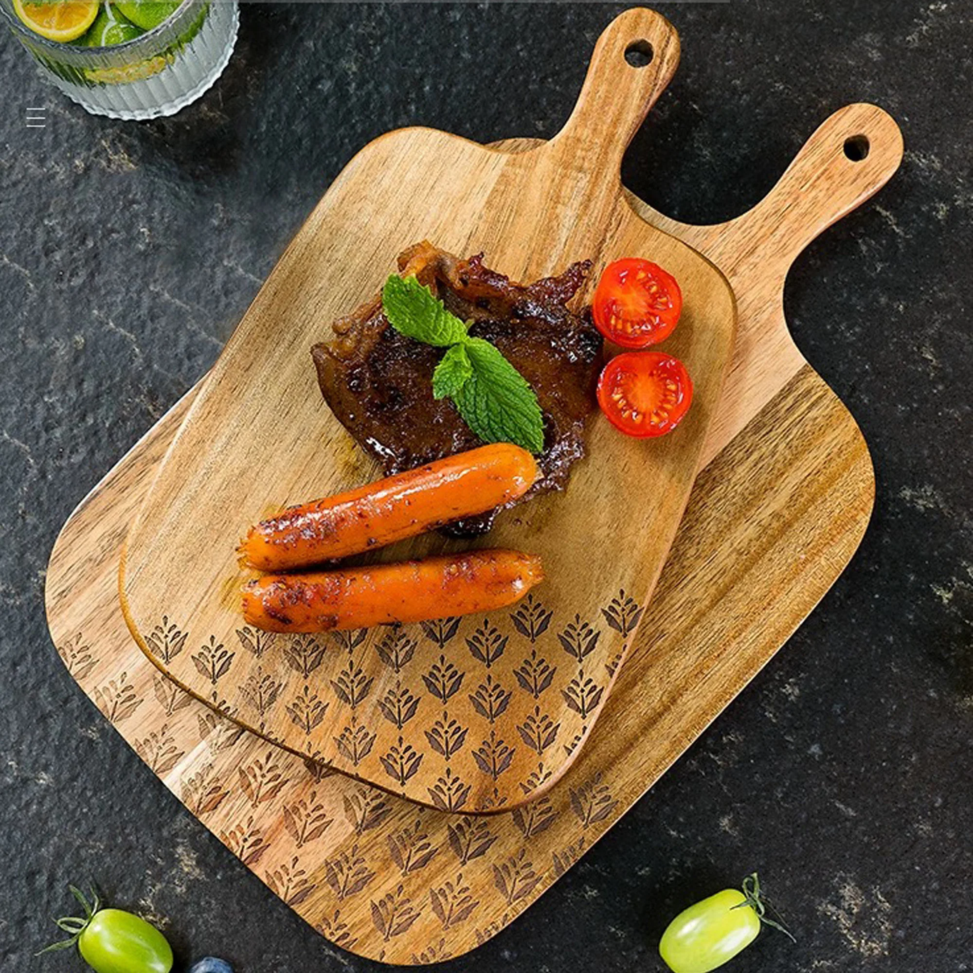 Acacia wood board, wooden cooked food board with handle, paddle, cheese board, service board for kitchen meat, pizza, cheese