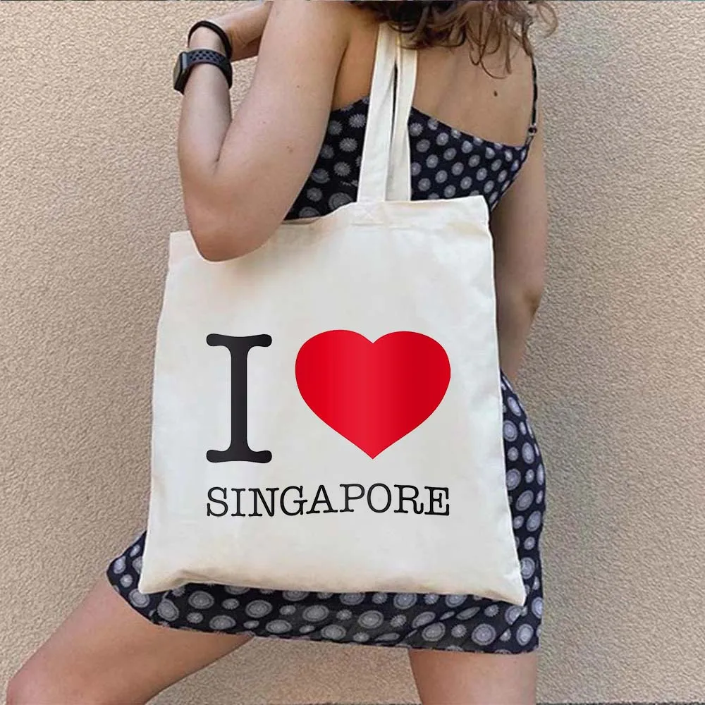 Coat of Arms Singapore Flag Map Asia Shophouse Heart Souvenir Trip Heart Watercolor Shopping Canvas Tote Bag Eco Shopper Handbag