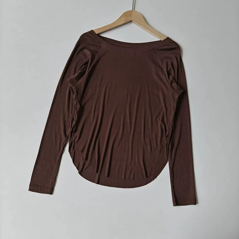 Ribbed Modal Off Shoulder Yoga Top Women Long Sleeve Loose Athletic Cover-Up Breathable Streetwear Fall Winter Workout Shirt