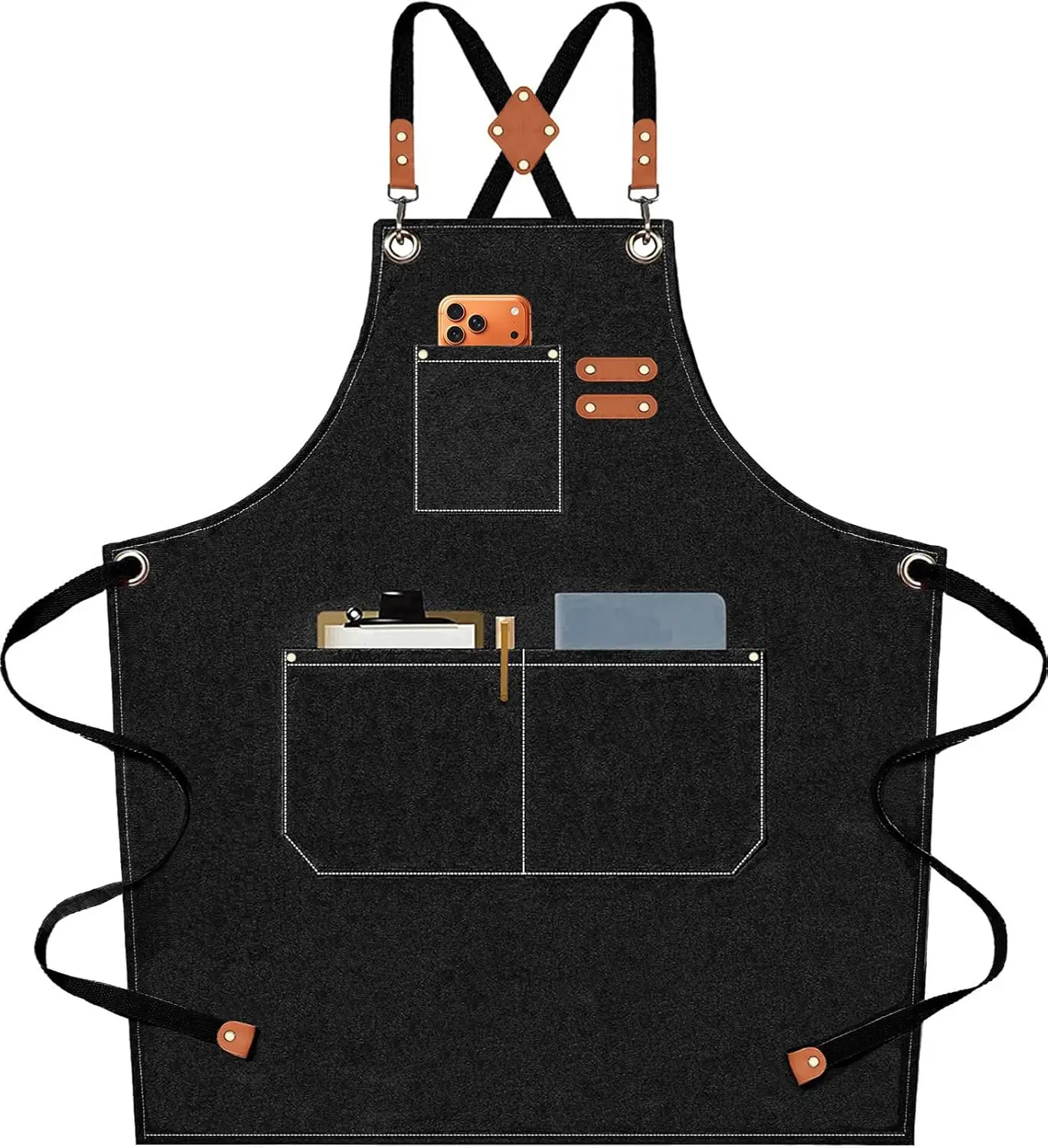 

Heavy Duty Cotton Canvas Chef Apron with Oversized Pockets, Cross Back Design for Men and Women (Black)