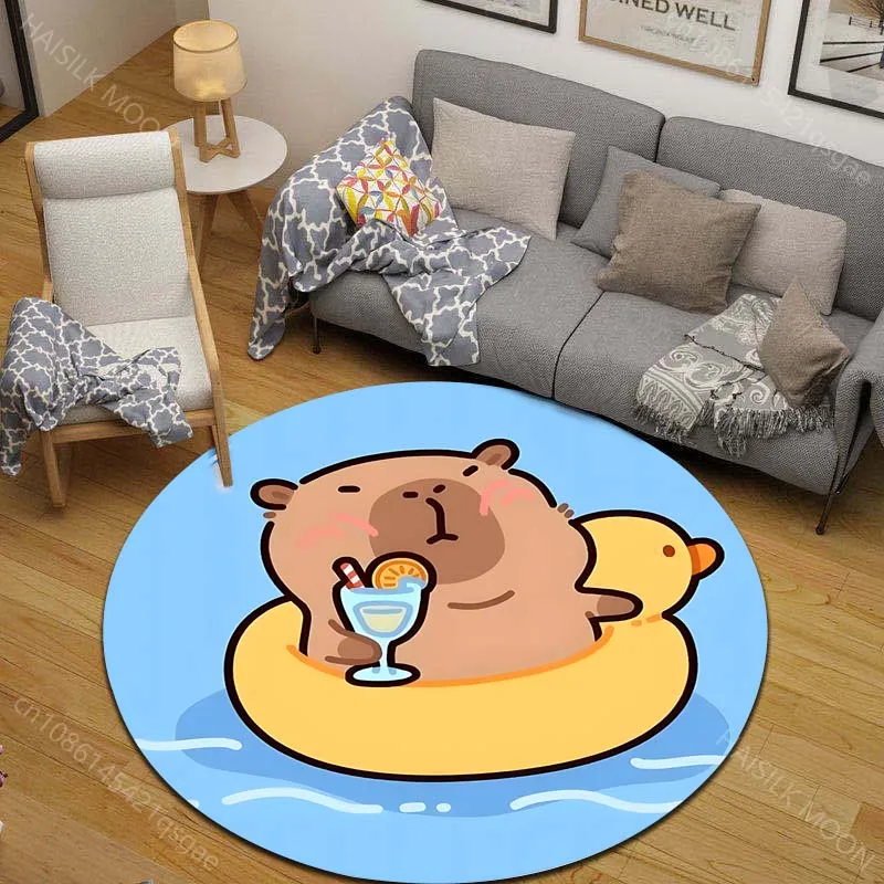 

1PC Cartoon Capybara Print Round Carpet Floor Mat Background Cover Suitable for Children's Bedroom Decor Living Room Round Rugs