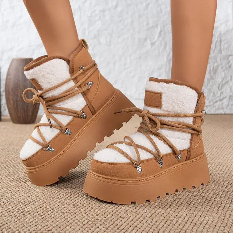 

Women's Warm Lace-up Snow Boots Thickened Non-slip Platform Ankle Boots Outdoor Skiing Cotton Round Toe Suede Plus Size Boots