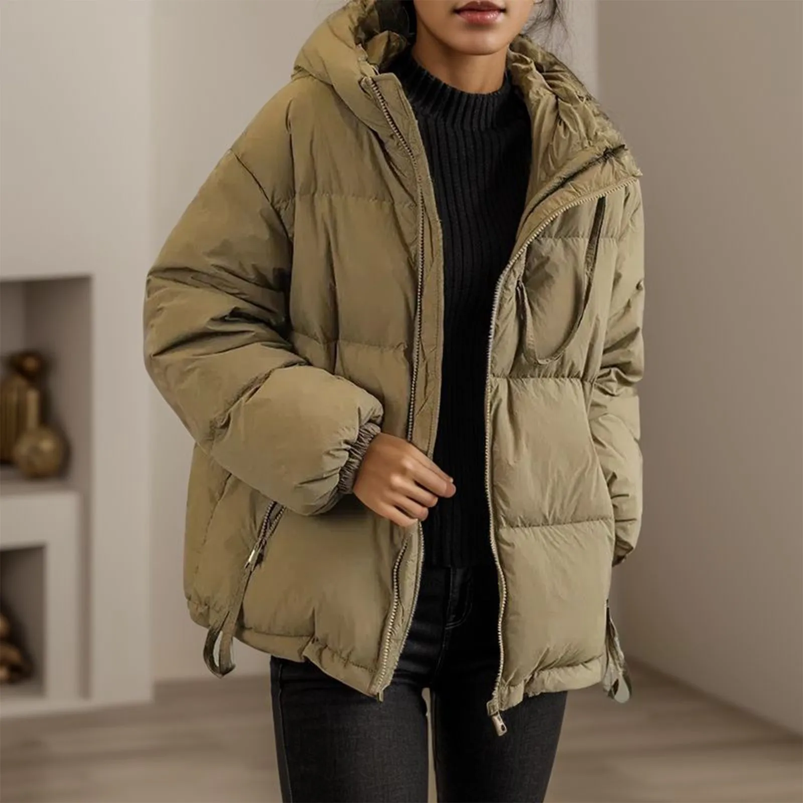 2024 Winter Warm Cotton-padded Women Down Clothing Korean Fashion Loose Hooded Jacket Ladies Casual Vintage Coats Zip Up Parkas