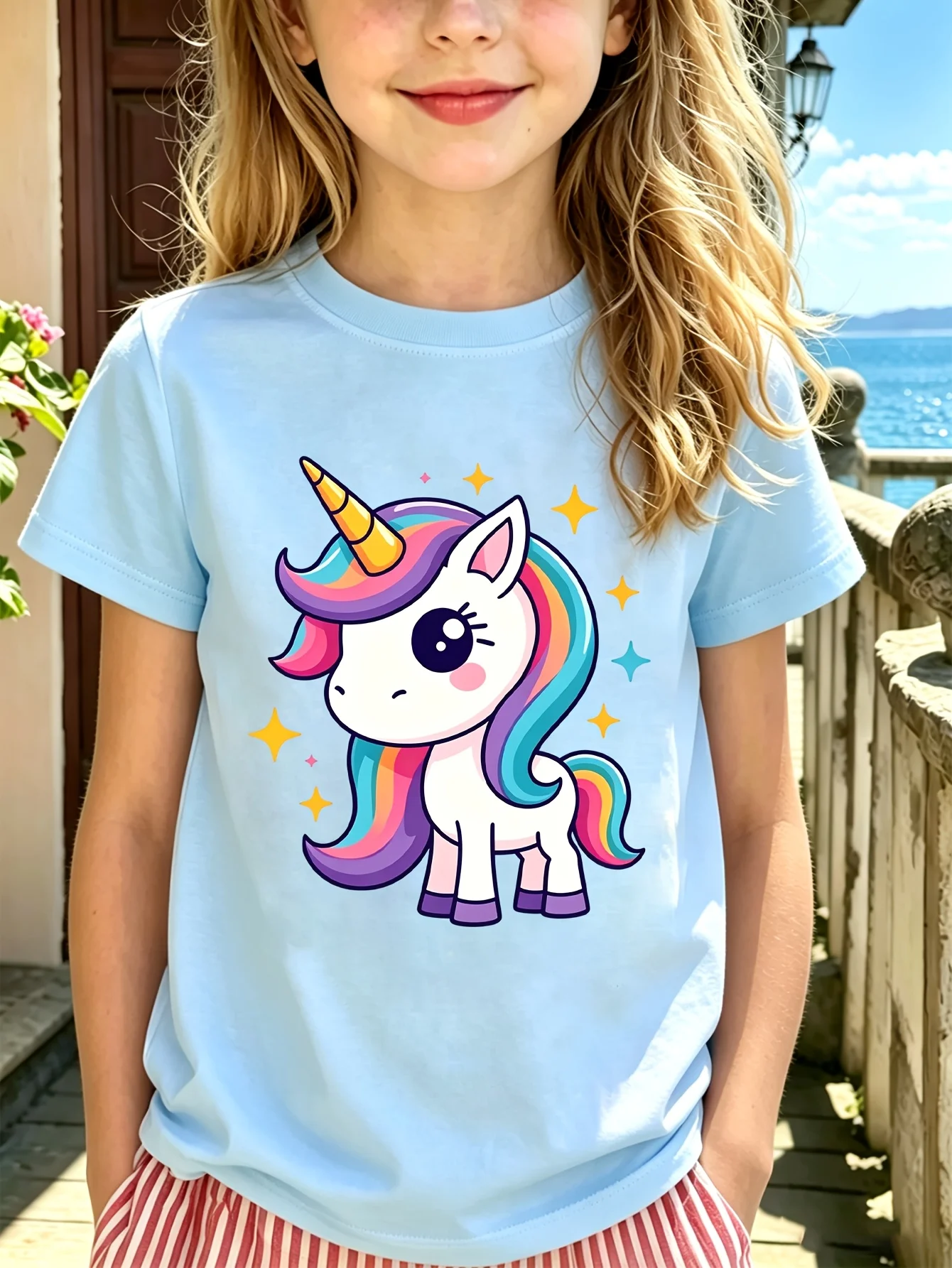 Rainbow Star Unicorn Kids Tee Cute Cartoon Animal Graphic Print Boys Girls Family Matching Cotton Short Sleeve Children Tshirt