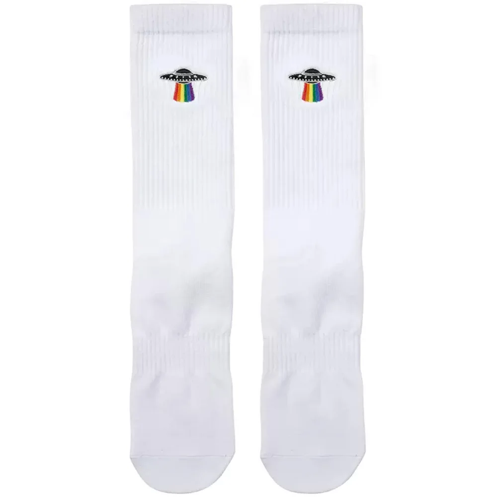 Original Men's Six-color Rainbow Embroidered UFO Pattern Sports Fitness Cotton Socks Flat Four Season Socks