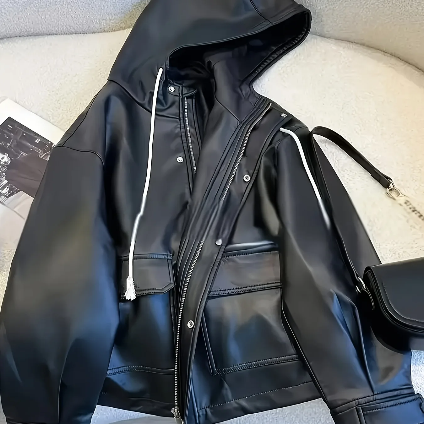 Black Hooded PU Leather Jacket Women's Fashionable Versatile High-End Feel Autumn Wear New Korean Style Elegant Outerwear