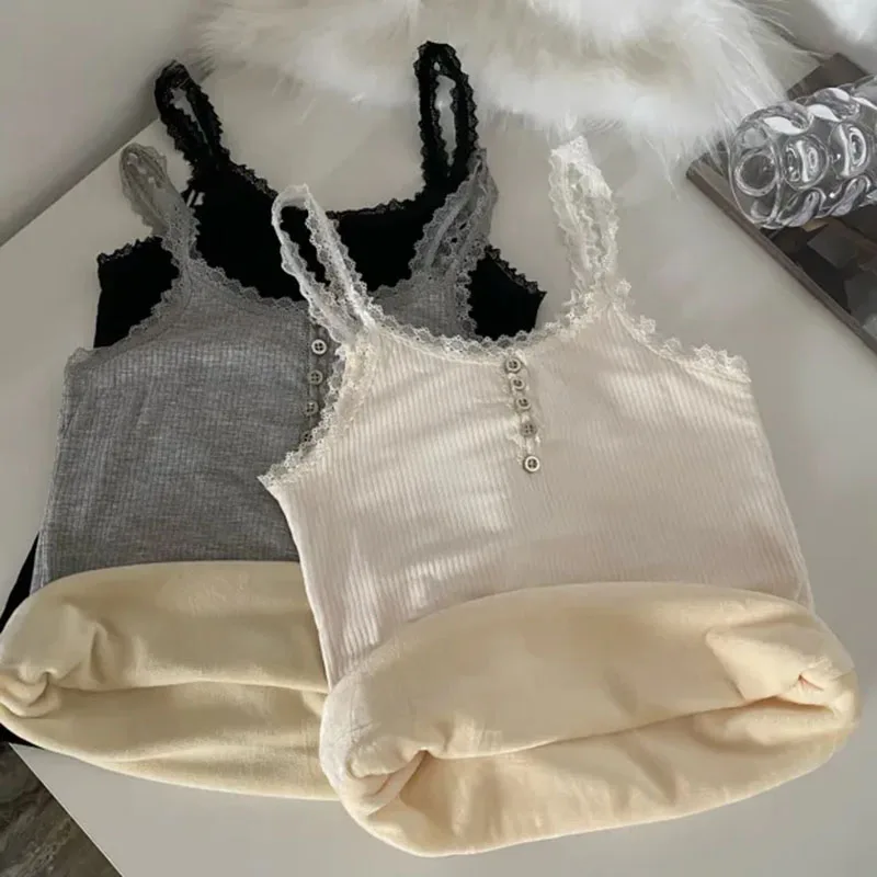 Camisole Undershirt Women Padded Thickened Warm Inner T-Shirt Lace Sexy Button Fashion Bottoming Winter Female Underwear