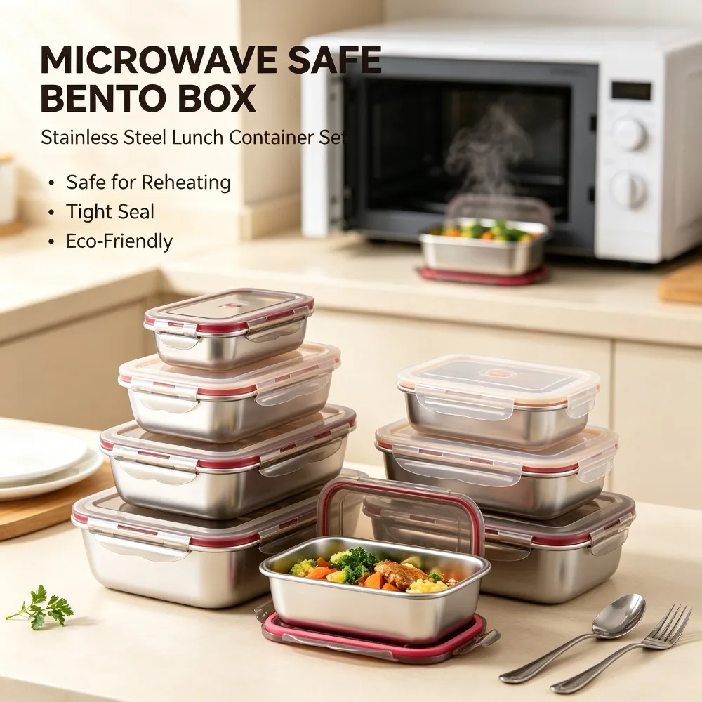 Lunch Box 304 Stainless Steel Leak Proof Portable Commute Microwave Refrigerator Safe Eco Friendly Food Container Bento