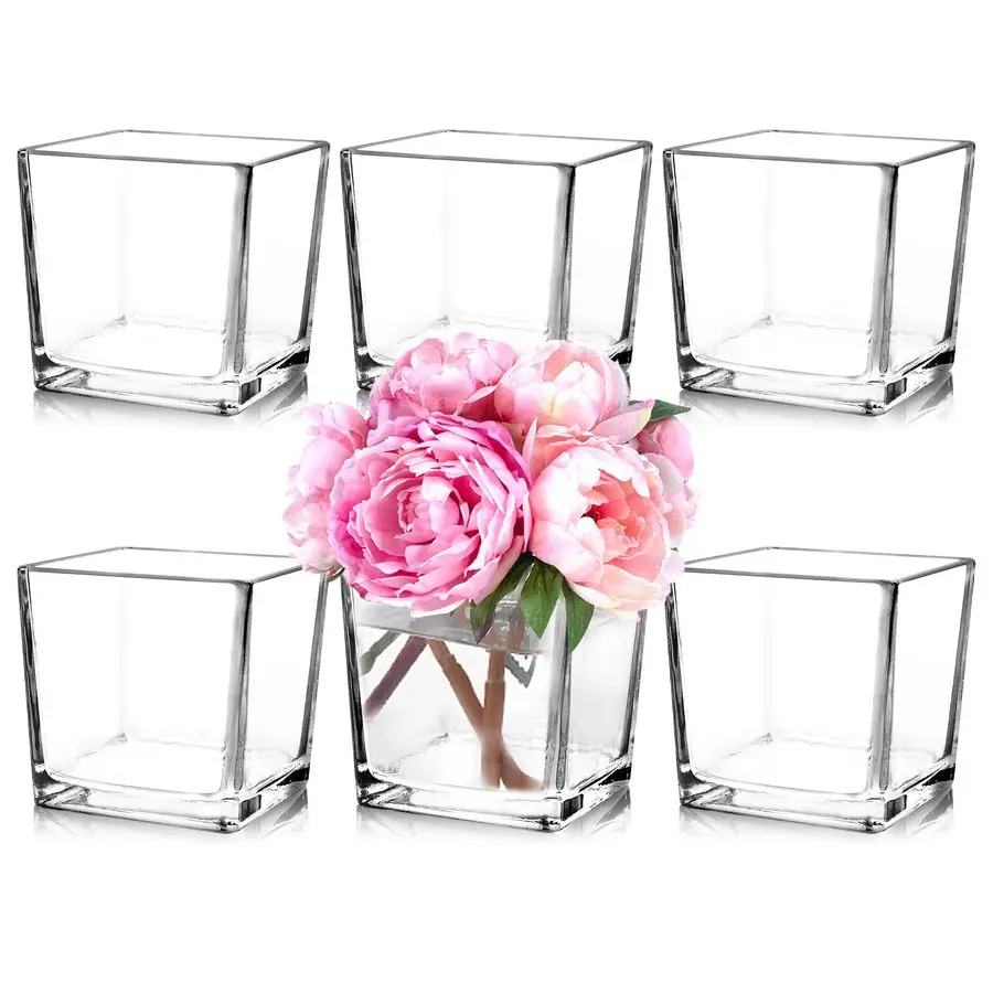 

Set of 6 Square Glass Vases 5 x5 x 5, Clear Flower Vases for Centerpieces, Candle Holder for Wedding Party Events, Home Decor