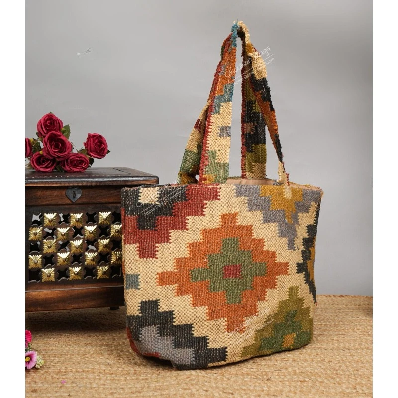 

Wool Kilim Jute CrossBody Bag Made in India Wool Jute Woven Boho Shoulder Bag