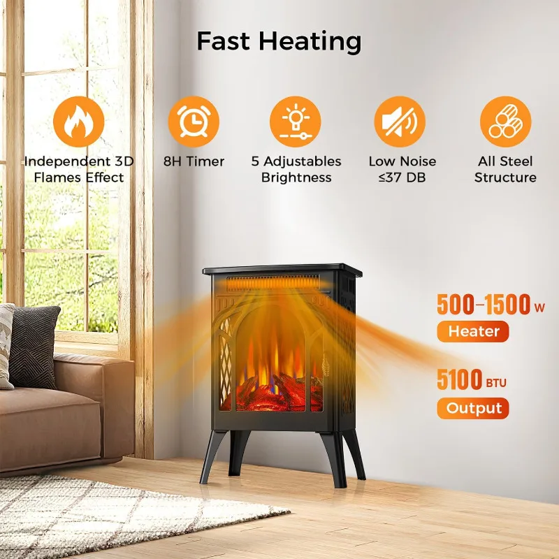 Joy Pebble Electric Fireplace Stove, 1500W 3s Fast Heating, 17" Infrared Fireplace Heater, Remote Control & 8H Timer