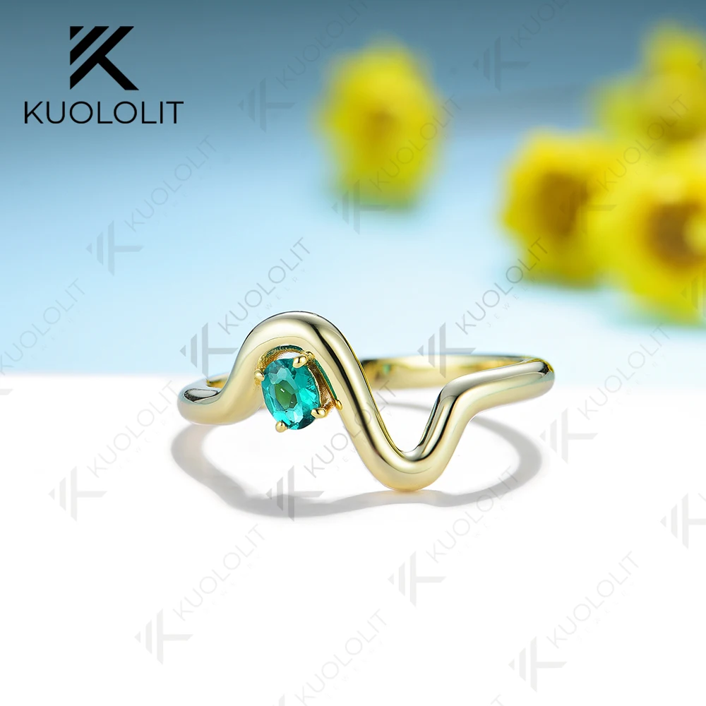 Kuololit 0.2ct Lab Grown Emerald Ring for Women Solitaire 18K 14K Yellow Gold Wedding Diamond V Band for Engagement Christmas