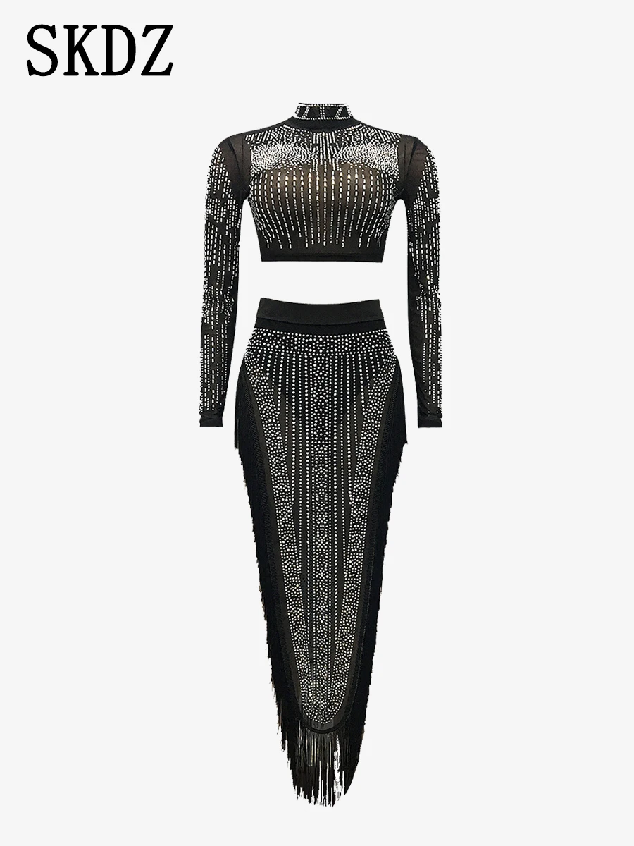 

Sparkling Diamond Mesh Perspective Women's Tassel Dress Set New Fashion And Sexy Long Sleeved Slit Long Skirt Two-Piece Suit