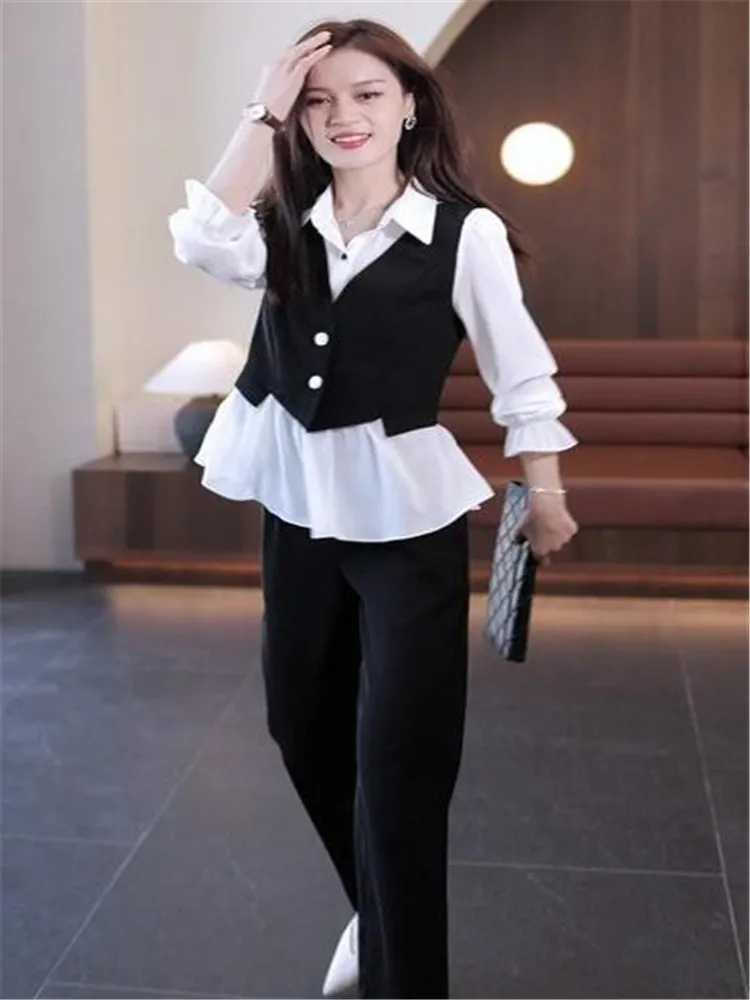 Korean Slim Patchwork Tracksuits Flare Full Sleeve Shirt Capris High Waist Suit Trousers Oversize 2 Pieces Sets Casual Outfits