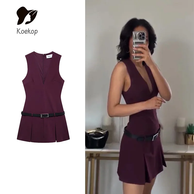 Koekop Women's Fashion Solid Color Belt Decoration Short Dress V Neck Vintage Sleeveless Women's Chic Lady Dresses