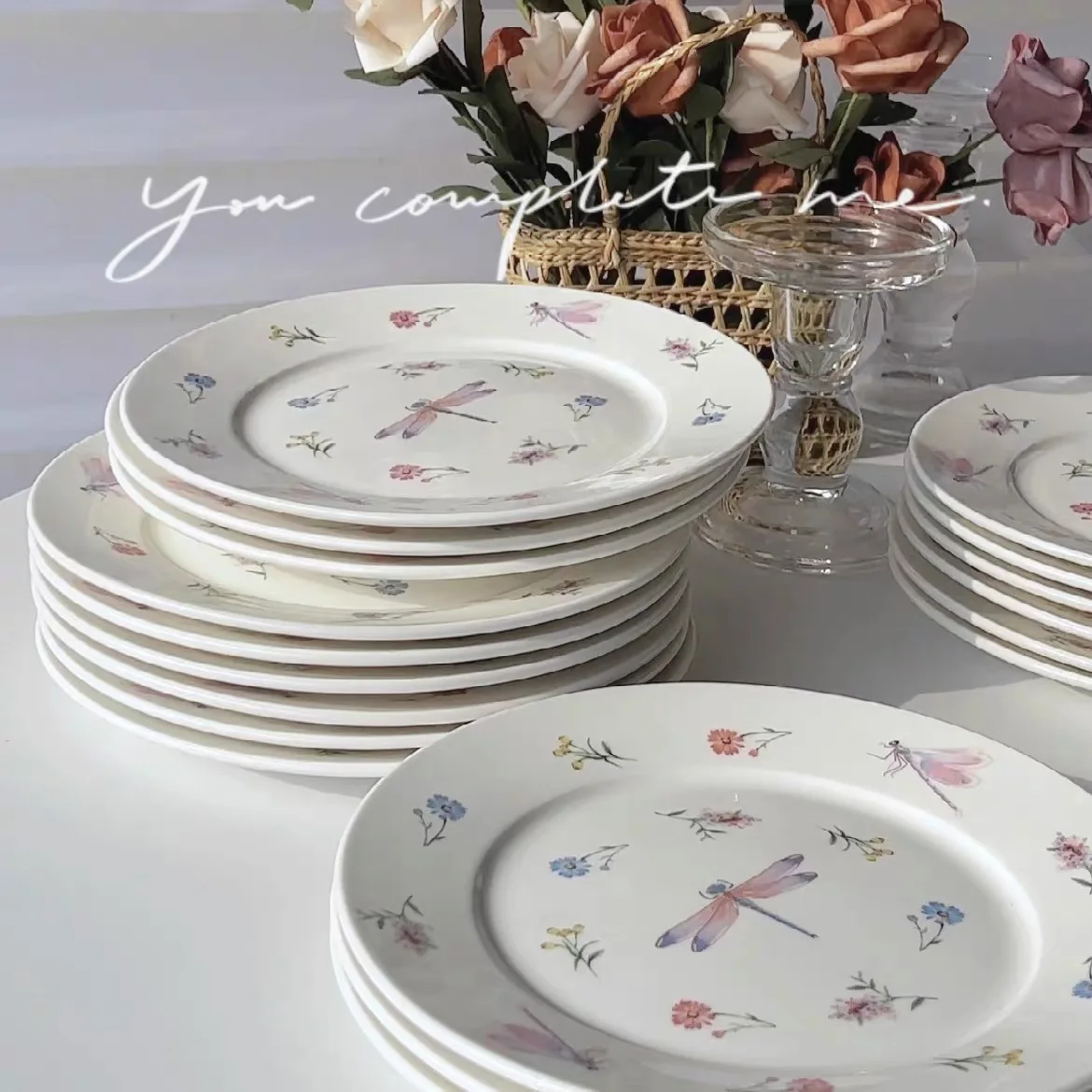 Garden Dragonfly Ceramic Dish Exquisite Round Ceramic Breakfast Dessert Plate Home Dish Plate High Temperature Resistant