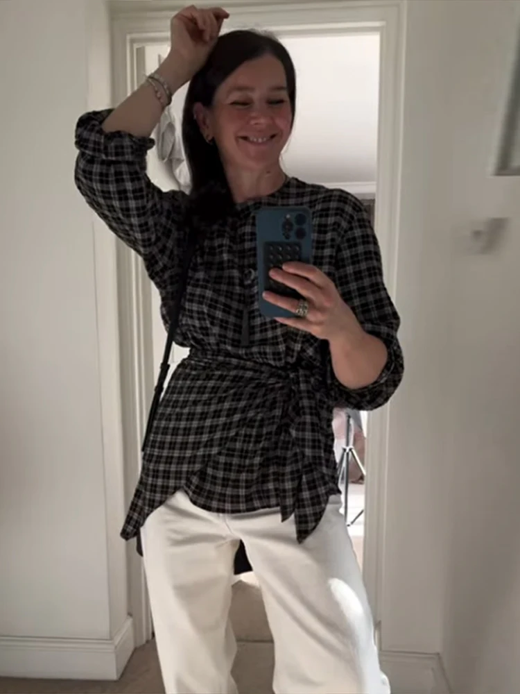 Irregular rendas até camisas femininas xadrez vintage o pescoço manga longa camisa oversize 2025 outono moda casual senhoras blusa