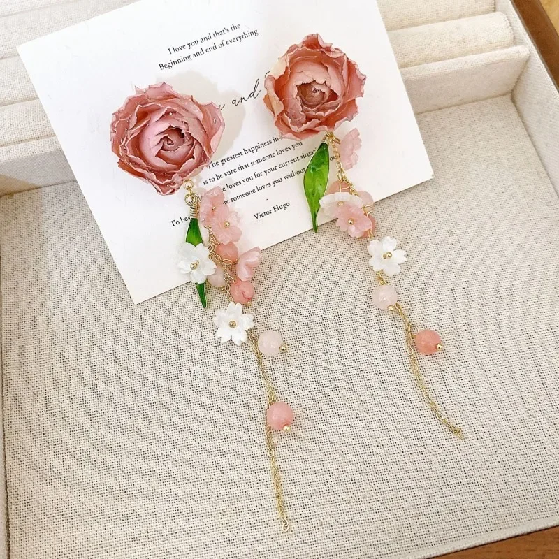 Natural Immortal Rose Long Earrings Epoxy Resin Natural Rose Flower Earrings Elegant Real Rose Earrings Dried Flower Jewelry