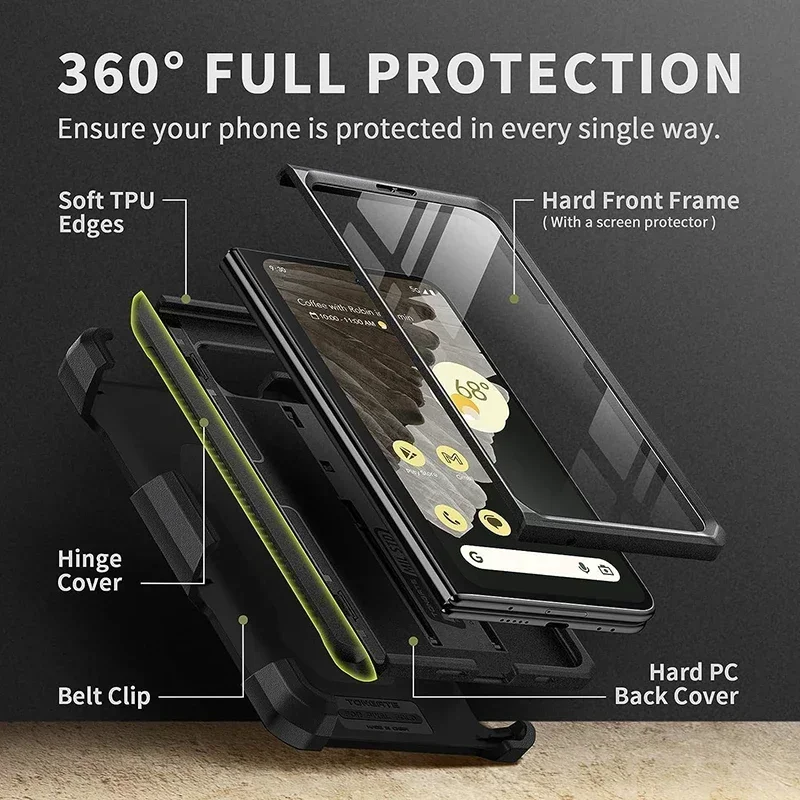 Google Pixel Fold Rugged Phone Case, Built-in Screen Protector, Dual Layer, Shockproof Protection with Kickstand, Belt Clip