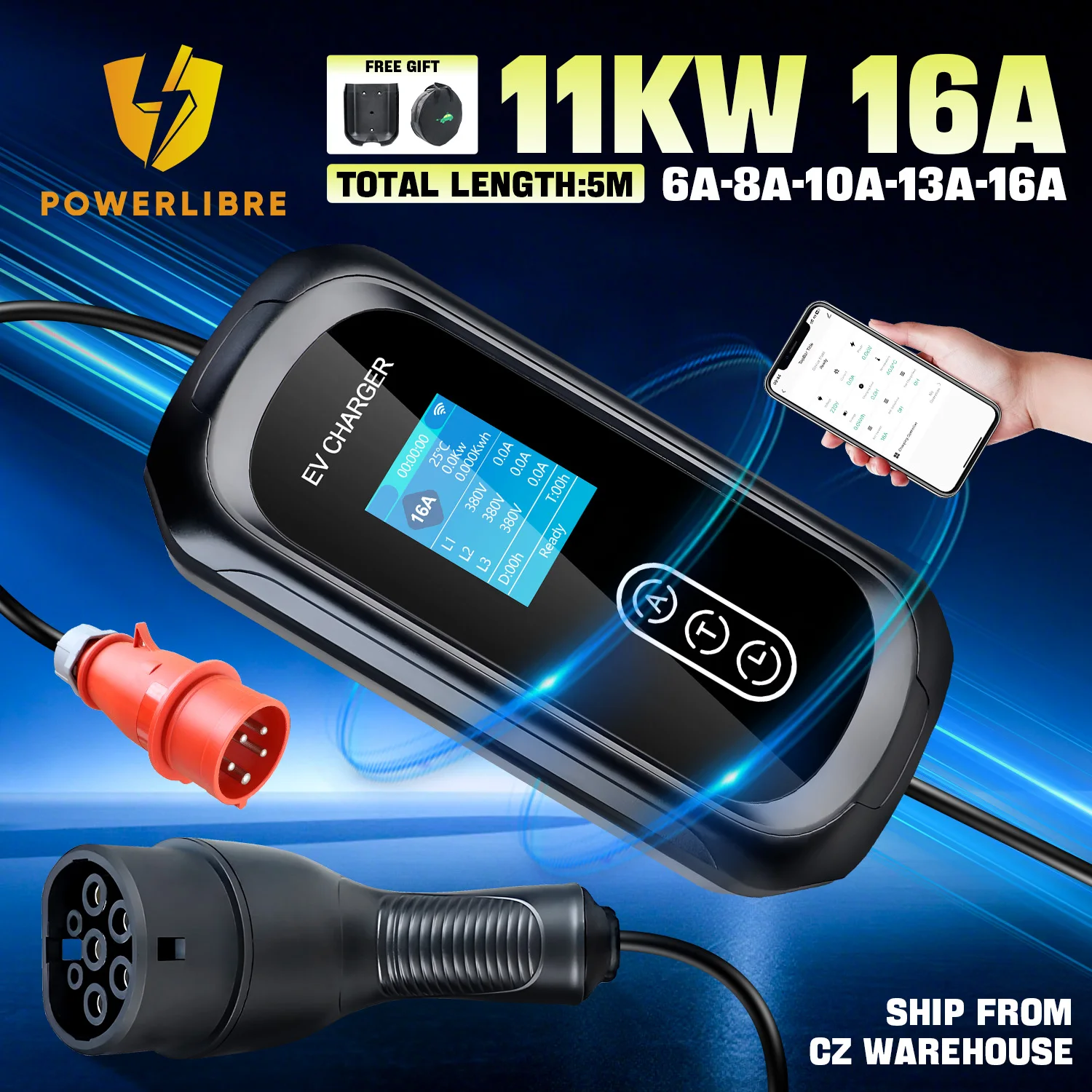 Chargeur EV PowerlibreMobile 16A 11KW Type 2 IEC-62169, prise réglable, minuterie de charge pour véhicules hybrides électriques, câble 5M