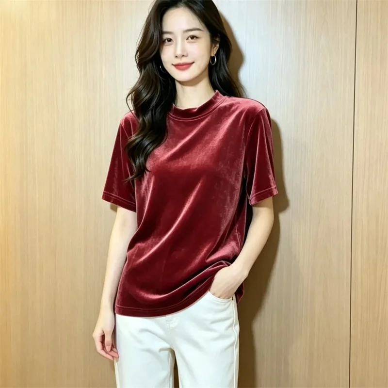 Beautiful Gold Velvet T-shirt for Women 2026 Summer New Versatile Short Sleeve T-shirt Round Neck Loose Slim Tshirt Top Femme