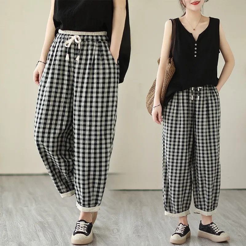 Nouveau rétro ample coton lin Plaid taille élastique lanterne pantalon pour l'été printemps 2025 pantacourt à la mode poche pantalon