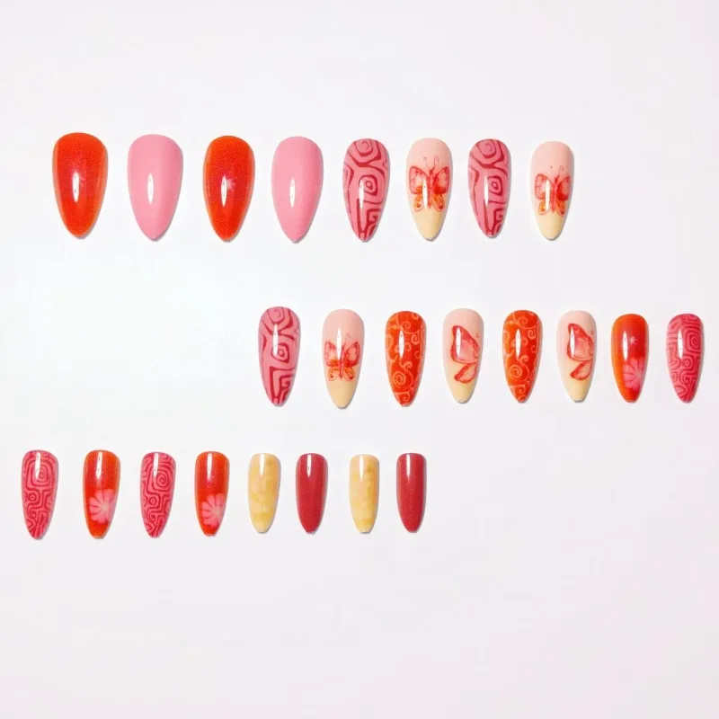 24 STKS Zoete Cool Vlekkerige Gouden Kraal Nep Nagel met Amandelvorm Druk op Nagels met Kersen Vlinder Ontwerp Kunstnagels Verwijderbaar