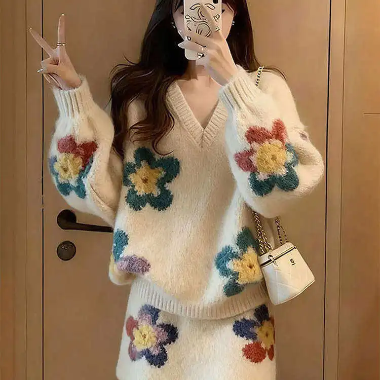 Winter Fashion Soft Cozy Sweater Skirt Set Unique Stylish High-End Look Lazy Girl Half-length Skirt Two-piece Ensemble
