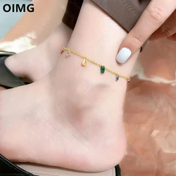 OIMG 316L Stainless Steel Gold Plated Not Fade Korean Romantic Colorful Zirconia Pendant Anklet for Women Girl Foot Accessories