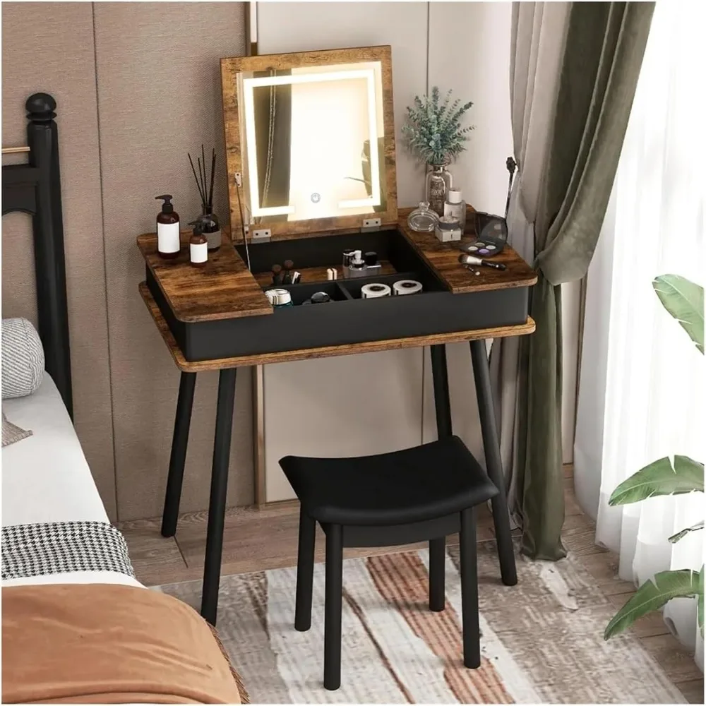 

Vintage Foldable with Flip Top Mirror & 3-Color LED Lights, 6 Storage Spaces and Power Outlet,Cushion Stool, Makeup Vanities