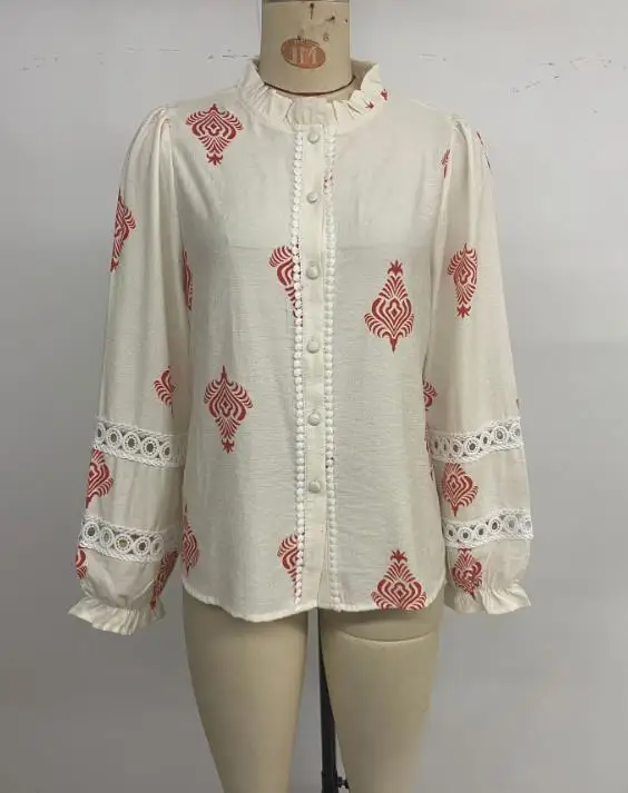 

Women Blouse 2026 Spring Autumn New Fashion Print Round Neck Long Sleeve Versatile Casual Slim Fit Daily Blouse Top