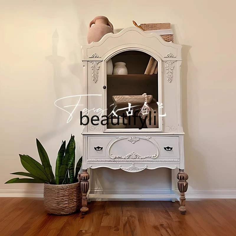 

French solid wood retro wall wine cabinet high cabinet European American carved storage decorative cabinet