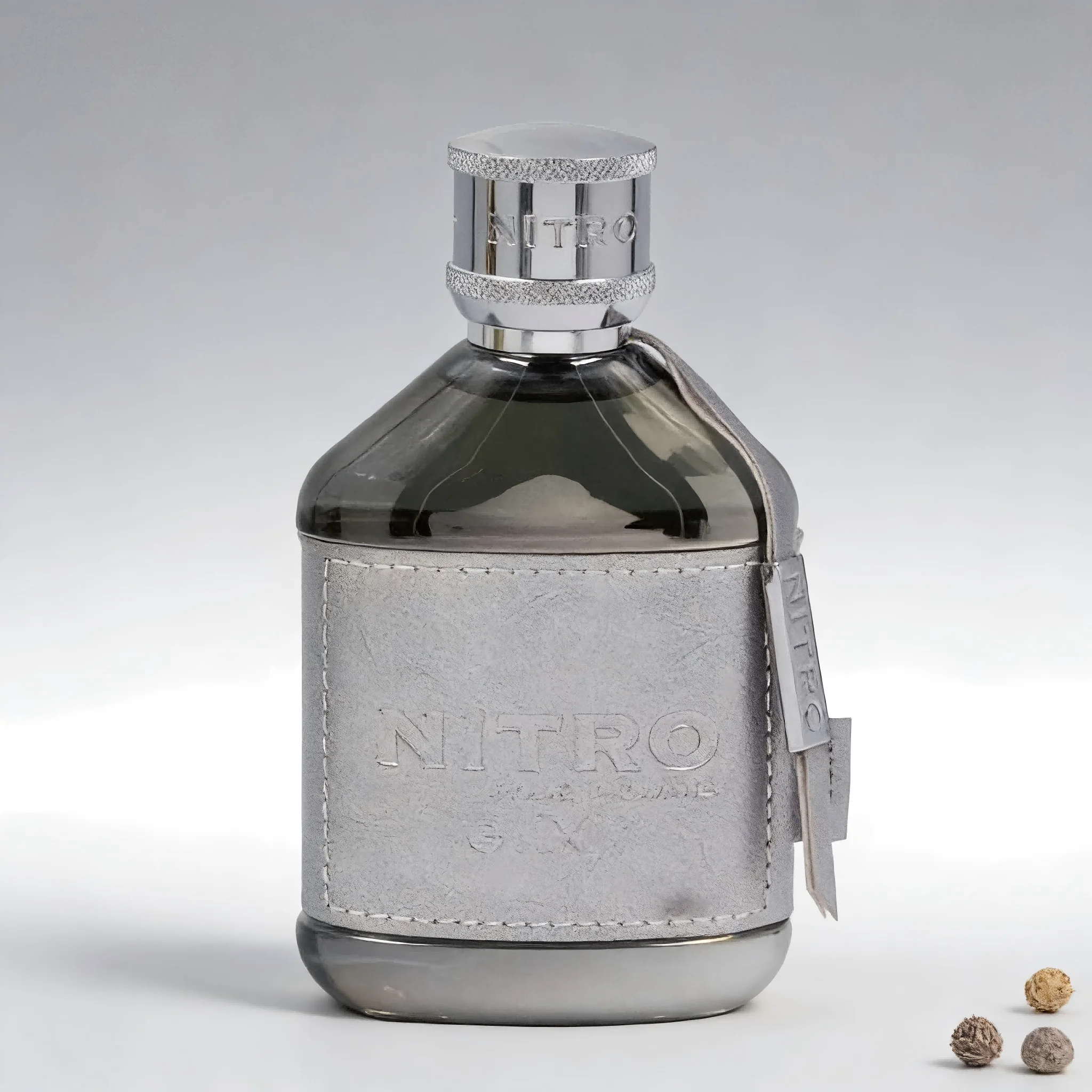 

NITRO Silver Pour Homme Eau de Parfum: Sleek Leather-Wrapped Bottle, Fresh Woody Scent for Men