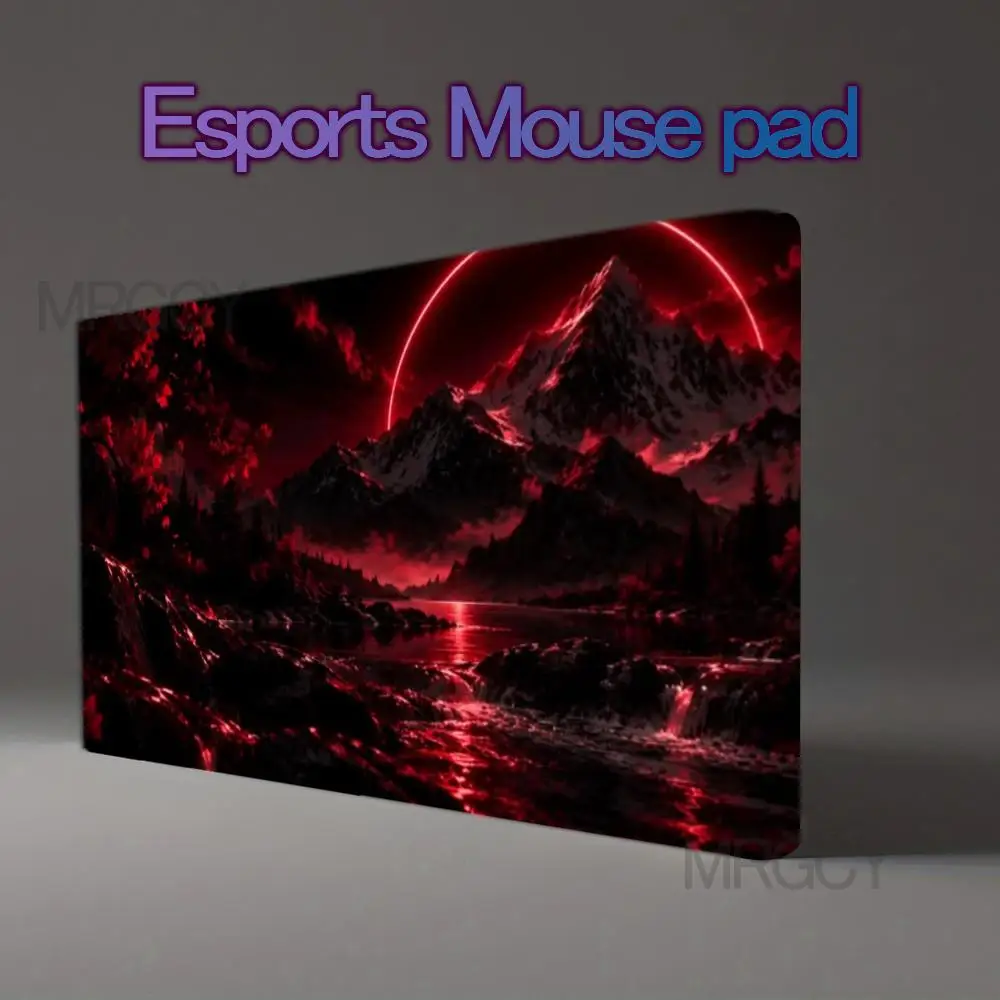 Dark Fantasy Red Ring Blood Moon Snow Mountain River Scenery Gaming Mouse Pad Large Extended Desk Pad Non-Slip Table Mat