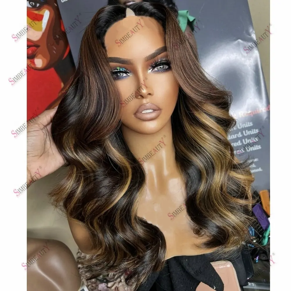 

100% Remy Indian Hair Honey Blonde Hightlight U Part Wig Human Hair Adjustable Body Wave 1*4 Size V Part Wig Easy Wear for Women