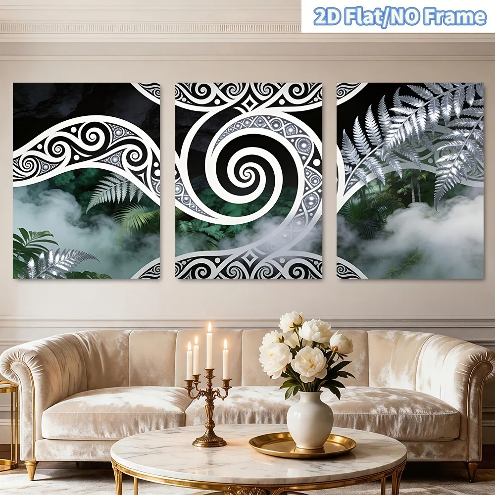 2D Flat, 3pcs Modern Maori Fern Wall Art - Vertical Spiral Frameless Suitable for Living Room, Bedroom, Entryway Decor, Abstr