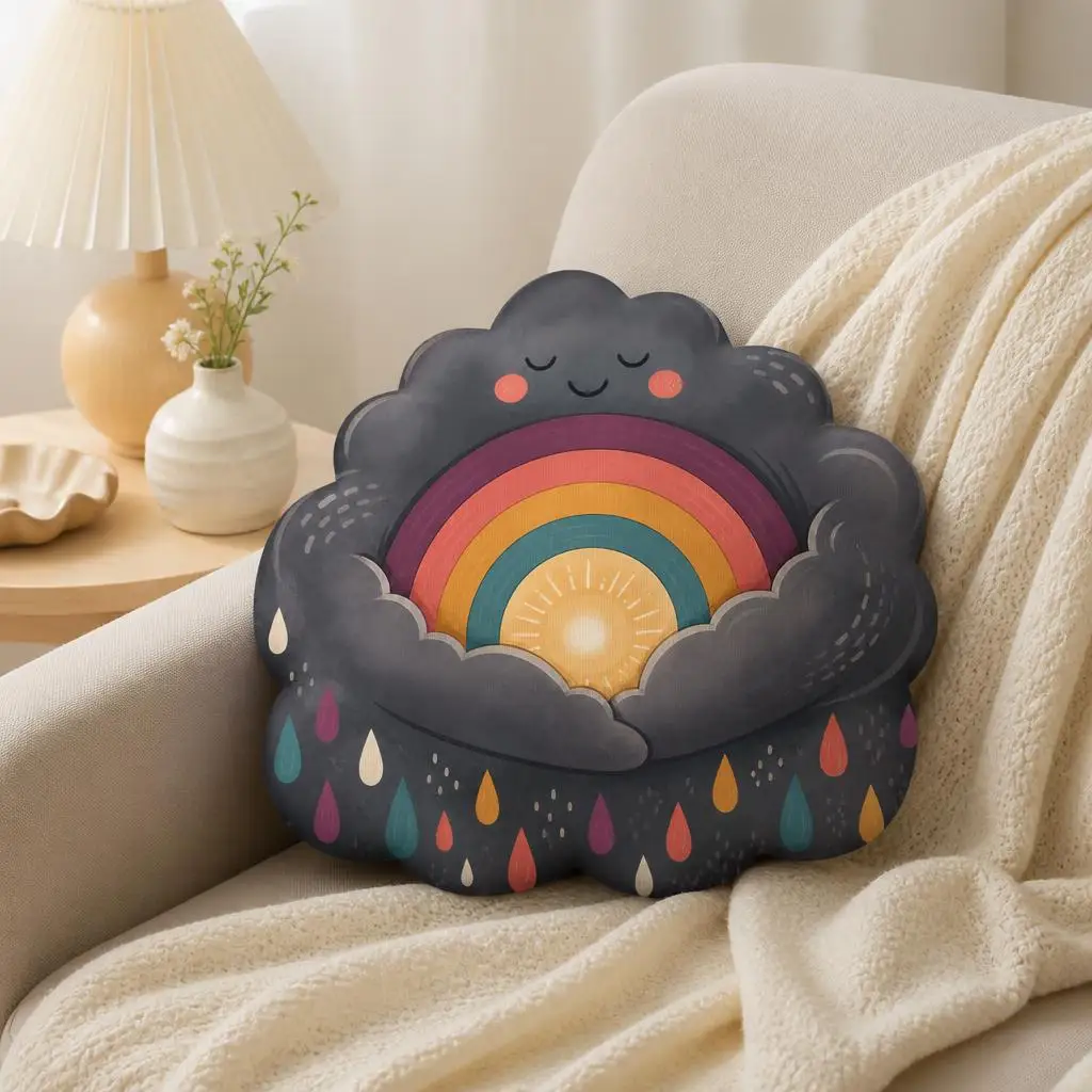 Sleeping Storm Cloud Rainbow Plush Pillow Cute Weather Cushion Stuffed Throw Pillow Colorful Nursery Room Decor Gift for Kids