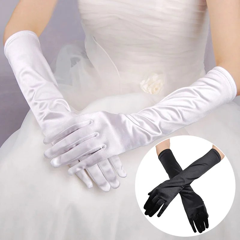 Gants de soirée en satin solide pour femmes, mitaines à doigts longs pour événements, activités, rouge, blanc, gants de mariage pour patients