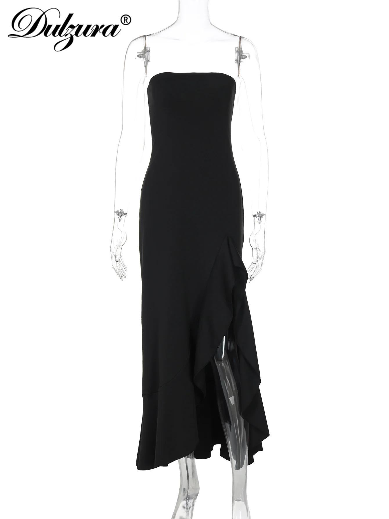 Dulzura Chest Wrapping Backless Slim Fit Ruffles Side Slit Long Dress Solid Sexy Elegant  Dress Party Club Street Summer Clothes