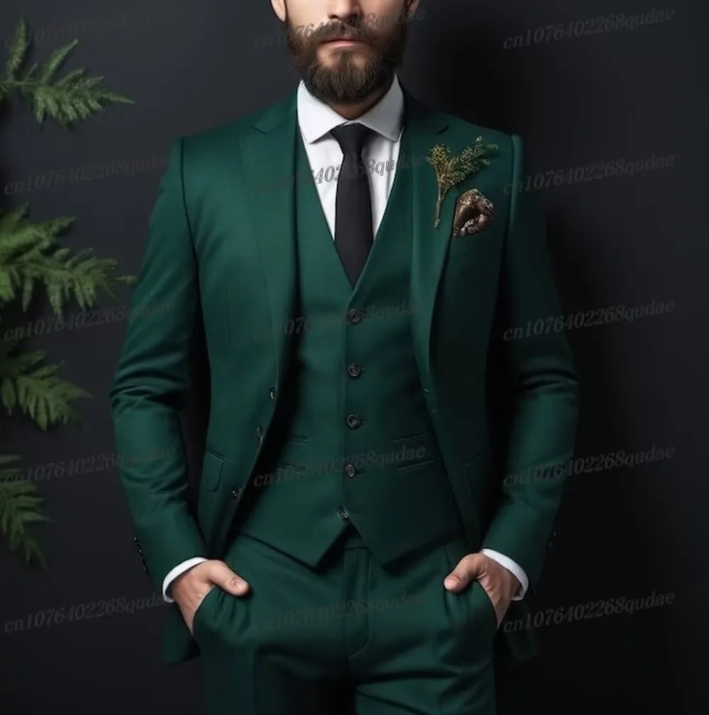 

New Dark Green Formal Men Suit Wedding Party Groom Suits Groomsman Male Tuxedos Bridegroom Costume 3 Piece Set Blazer Vest Pants