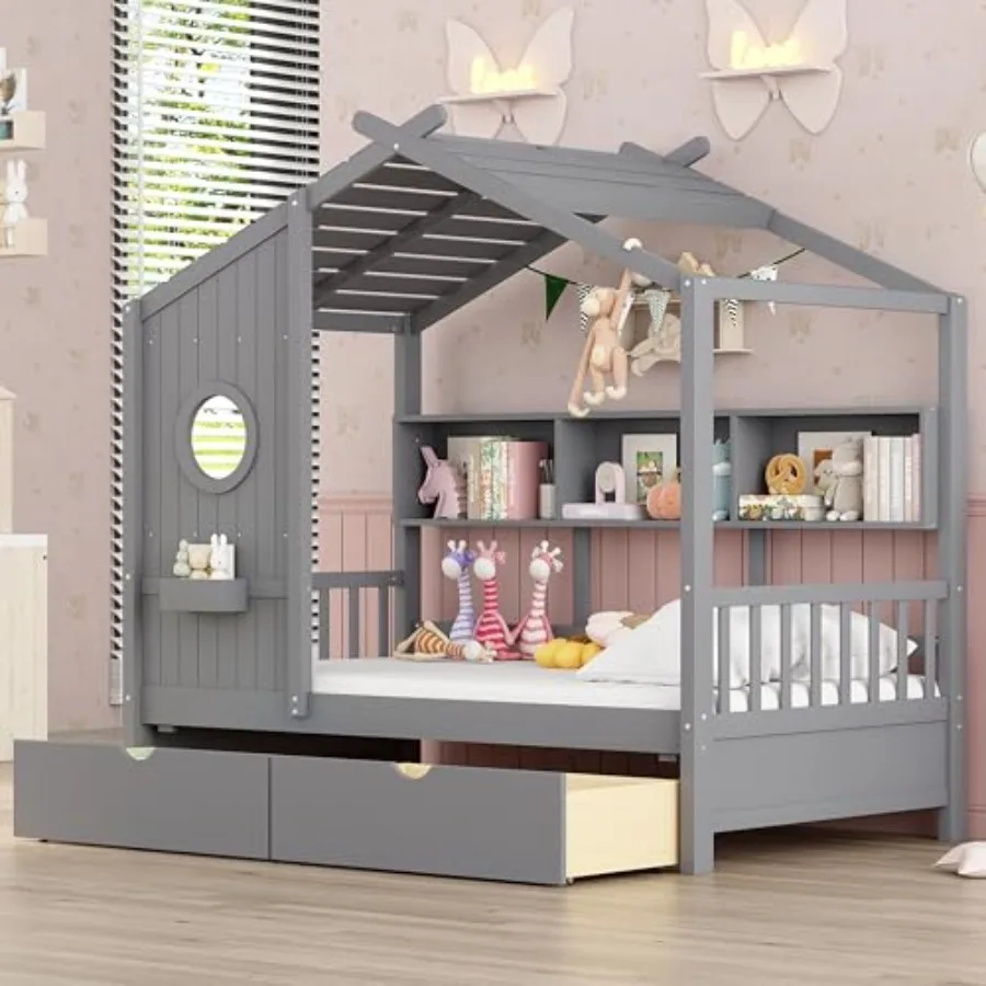 

House Bed with Storage Drawers, House Bed Frame with Shelves, Cute Wood House Bed Twin with Roof for,Girls, Boys, Gray