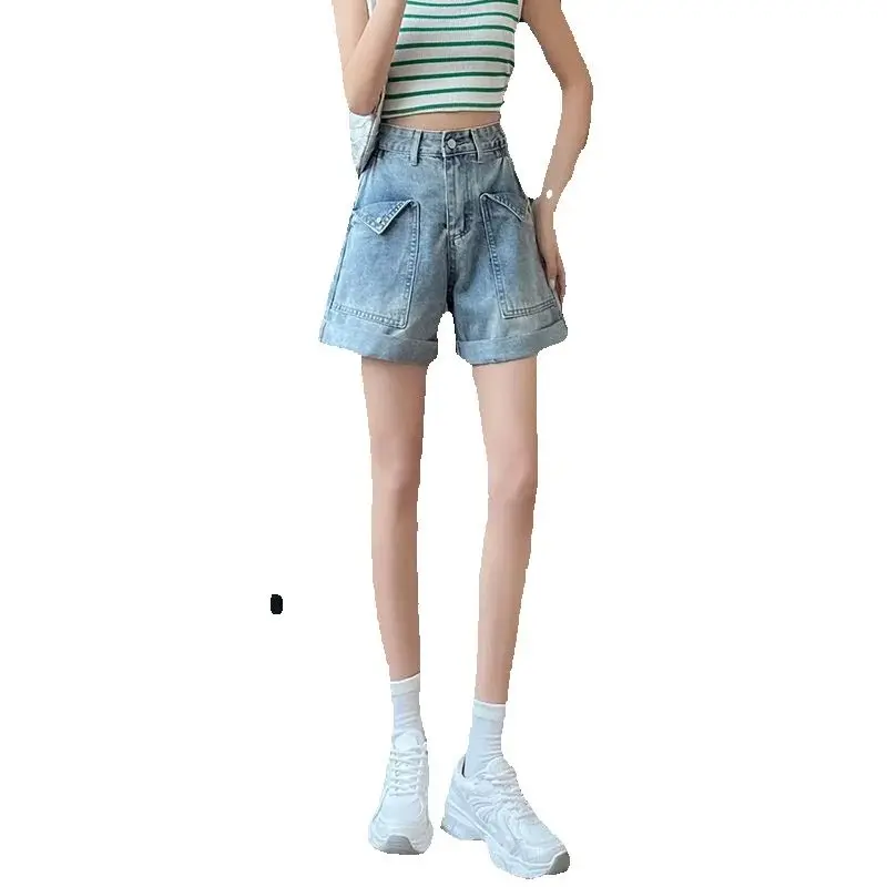 High-Waist Curled Wide-Leg Denim Shorts Women Spring Summer 2025 New Slim Niche Fresh Loose Design Short Pants
