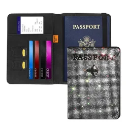 Crystal Diamond Ladies Key Purse Bag Passport Holder Cover Traveling Passport Case Women PU Leather Bling Rhinestone Card Case