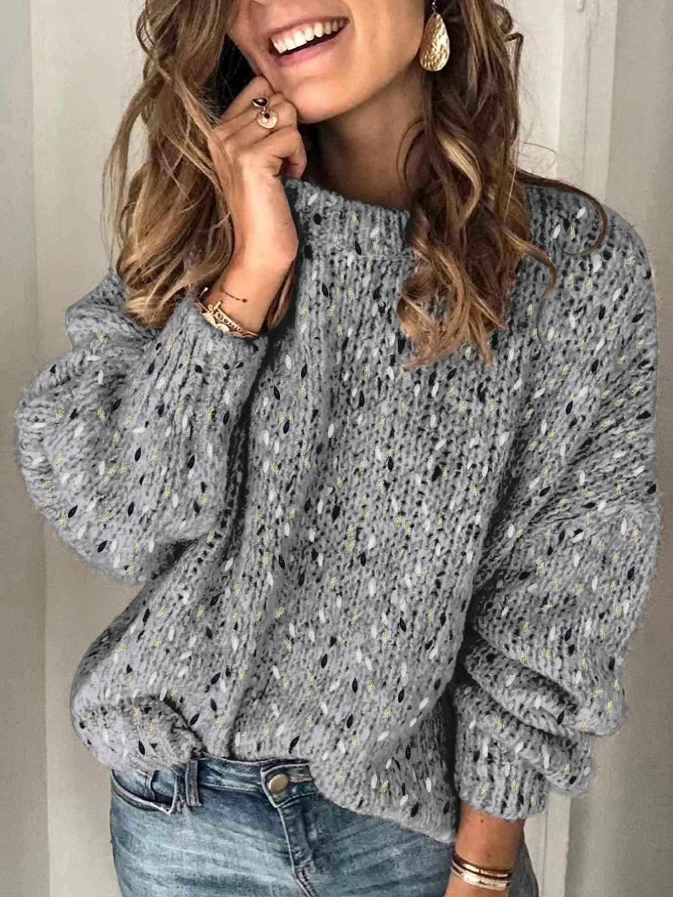 loose round neck knitted casual solid color top for women cross-border long sleeved pullover, lazy style