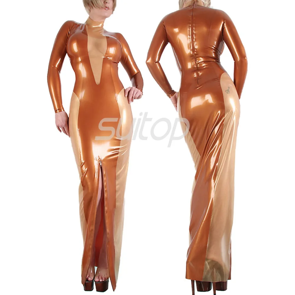 

Latex Rubber Dress sexy club long dresses longuette metallic glod color eveningwear evening clothes