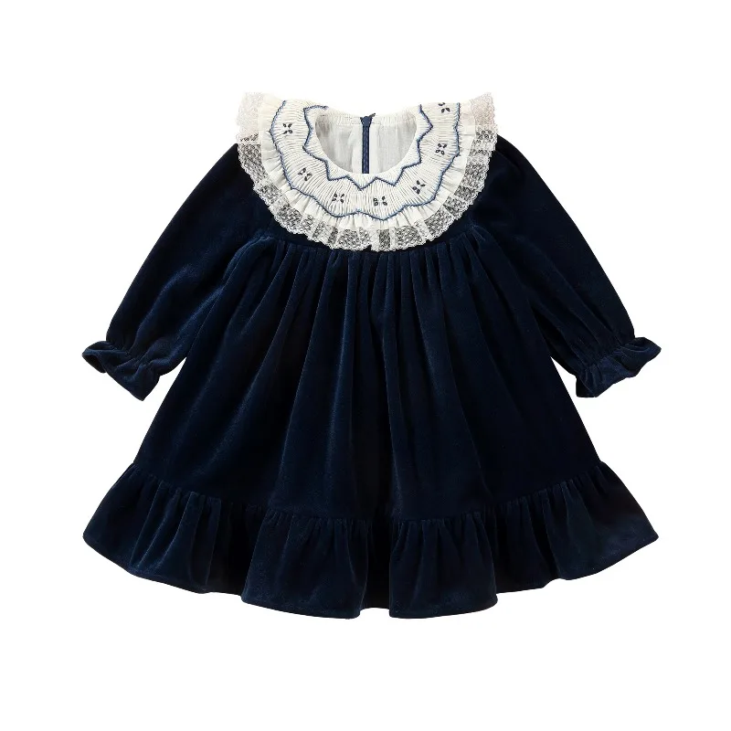 Ins شتاء جديد الفتيات المخملية فستان عيد الميلاد اليدوية طوق سميكة نسخة فستان زهرة الفتيات الحلو Smocking فستان #4